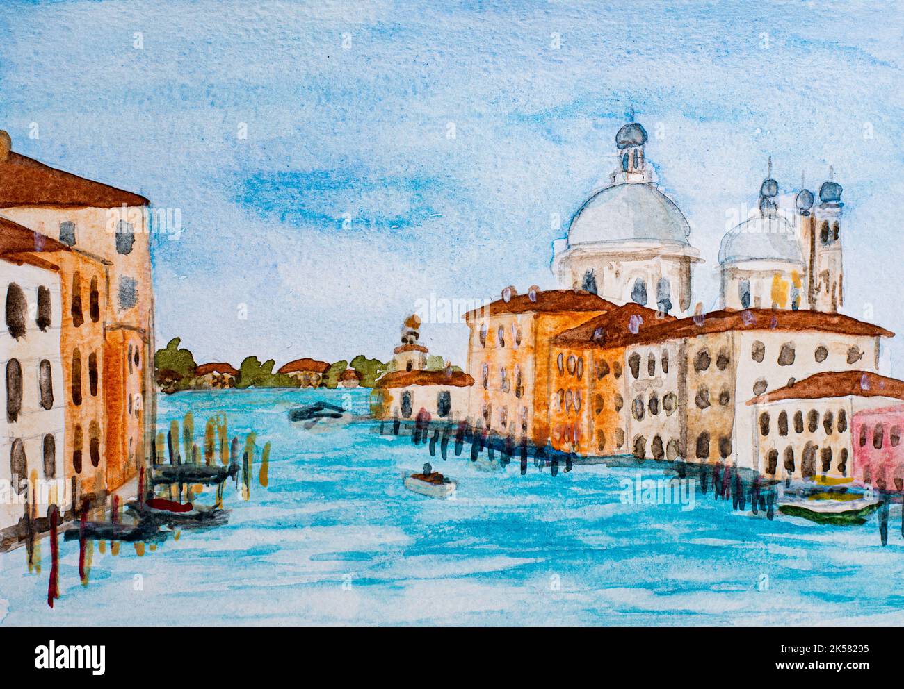 Grand Canal et basilique Santa Maria à Venise, Italie. Aquarelle. Banque D'Images