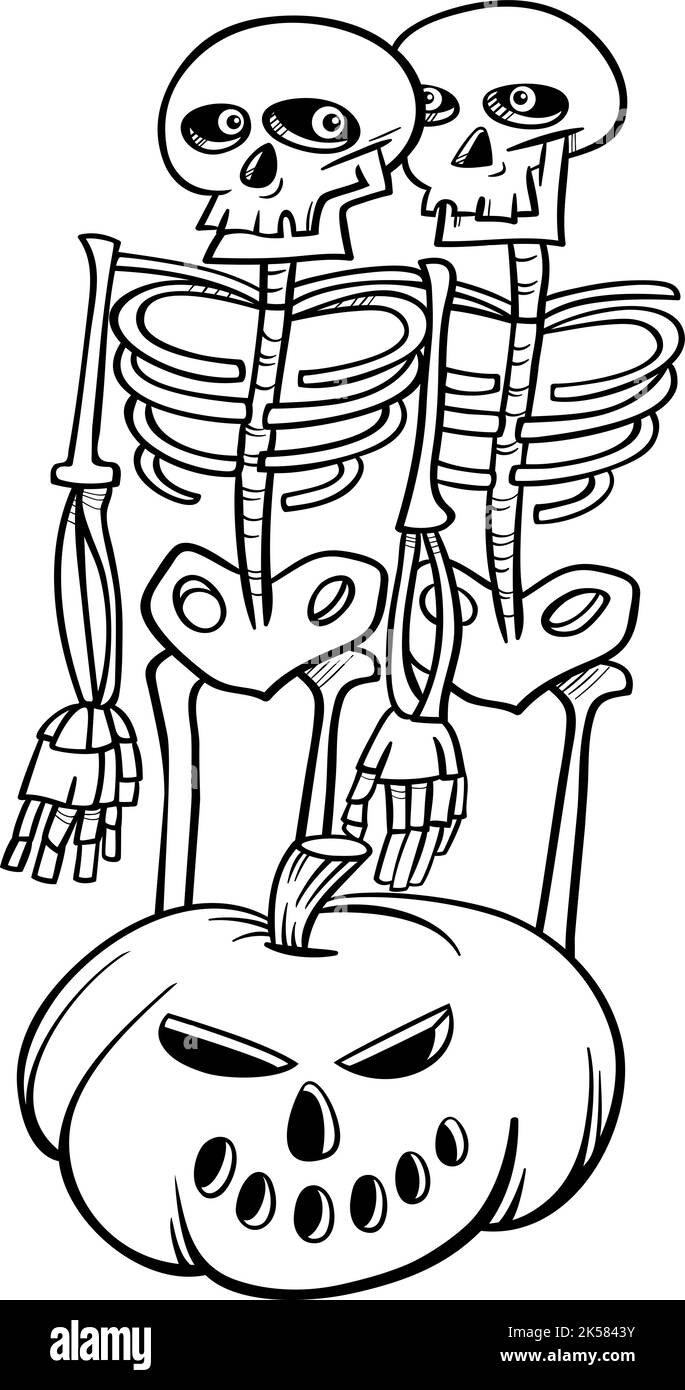 Illustration de dessin animé noir et blanc de personnages squelette effrayants avec page de coloriage de citrouille d'Halloween Illustration de Vecteur
