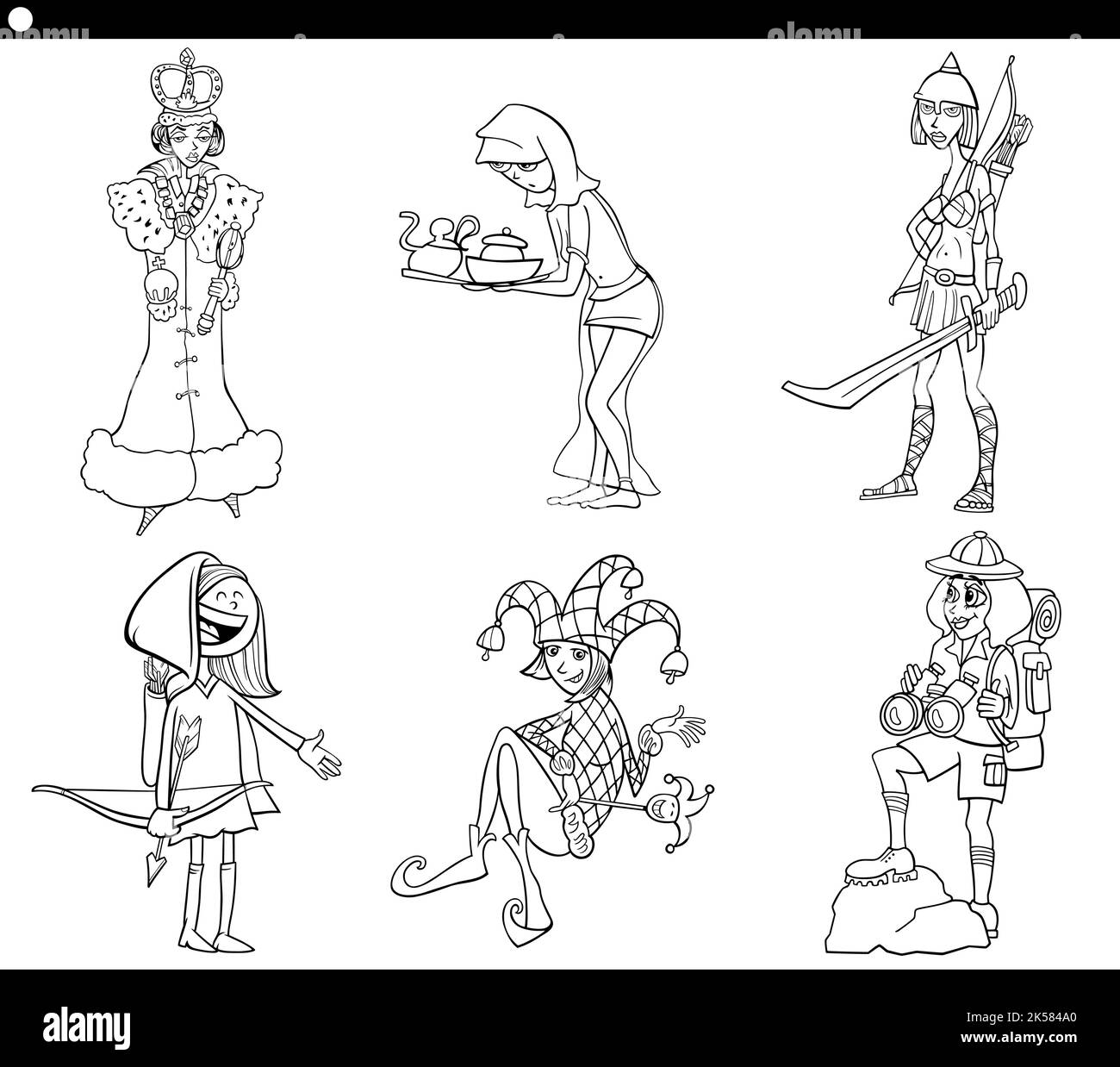 Dessin animé noir et blanc illustration de la bande dessinée femmes personnages ensemble de coloriage page Illustration de Vecteur
