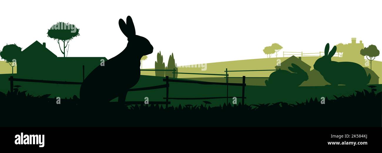Les lapins bissent. Silhouette de l'image. Paysage rural avec maison de fermiers. Animaux de la ferme. Animaux à fourrure. Isolé sur fond blanc. Vecteur. Illustration de Vecteur