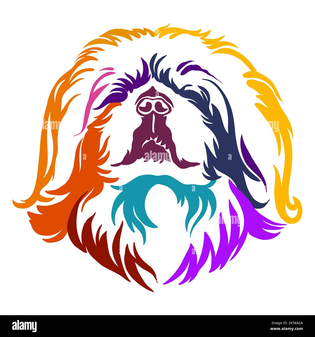 Portrait de contour de couleur de chien pékinois. Tête de chien dans la vue de face illustration vectorielle isolée sur fond blanc. Pour la décoration, le design, l'impression, l'affiche, la poste Illustration de Vecteur