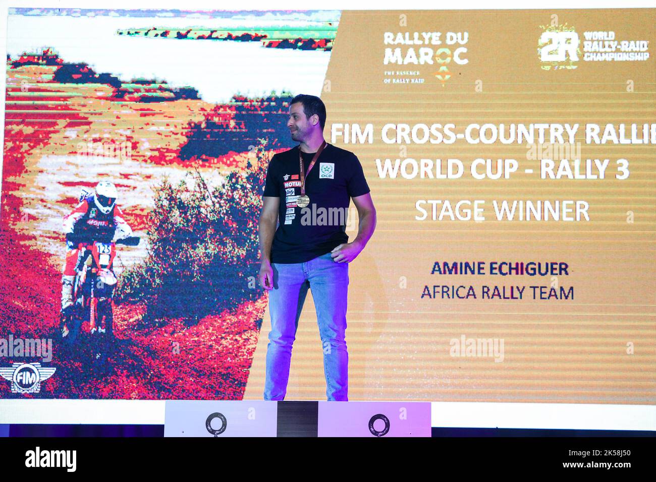 Agadir, Maroc - 06/10/2022, ECHIGUER amine (mar), KTM 450, portrait lors de la cérémonie de remise du prix du Rallye du Maroc 2022, 3rd tour du Championnat mondial de rallye-RAID 2022 de la FIA, sur 6 octobre 2022 à Agadir, Maroc - Germain photo Hazard / DPPI Banque D'Images