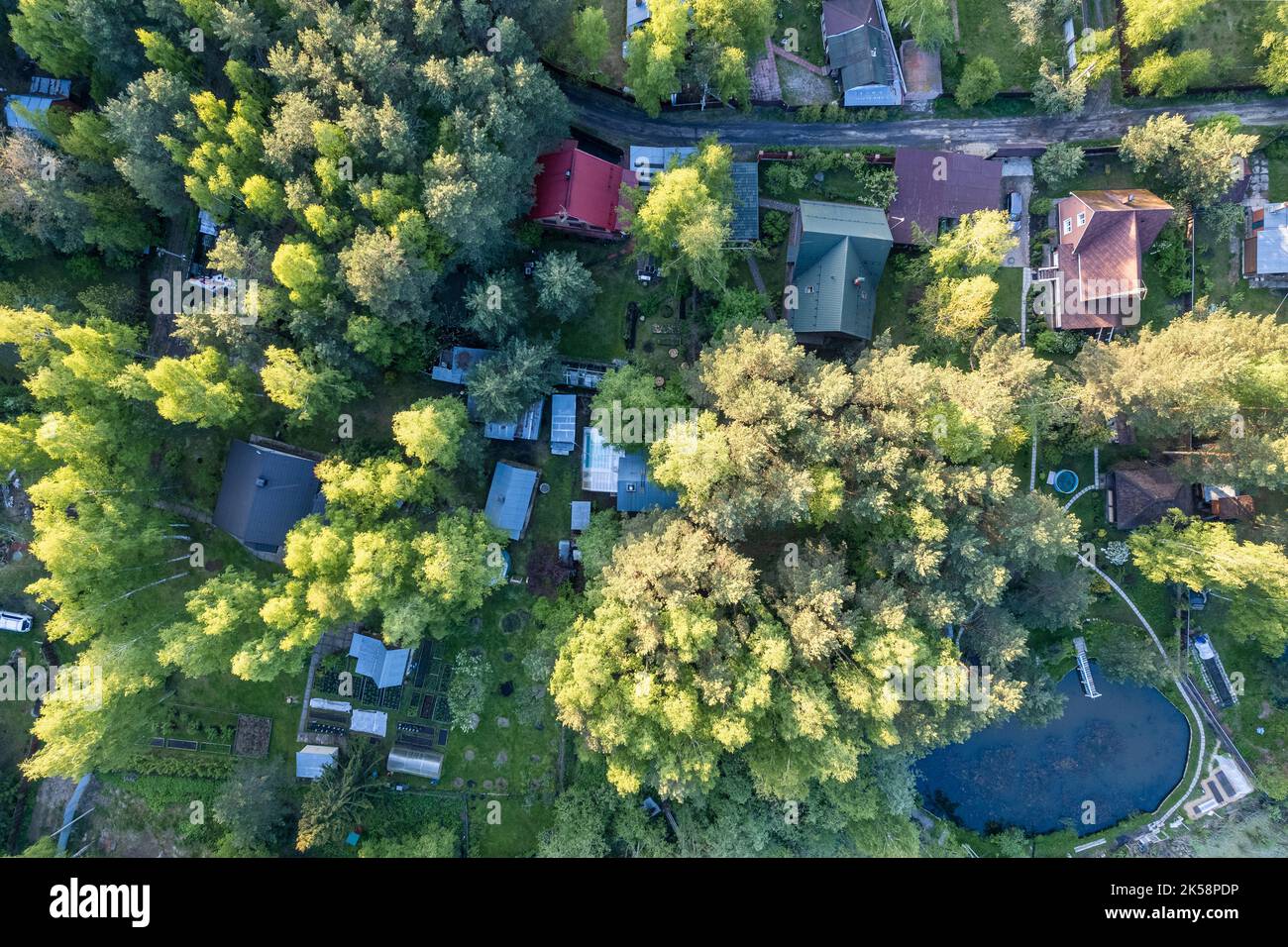 Vue aérienne du village dans une forêt avec de petites maisons Banque D'Images