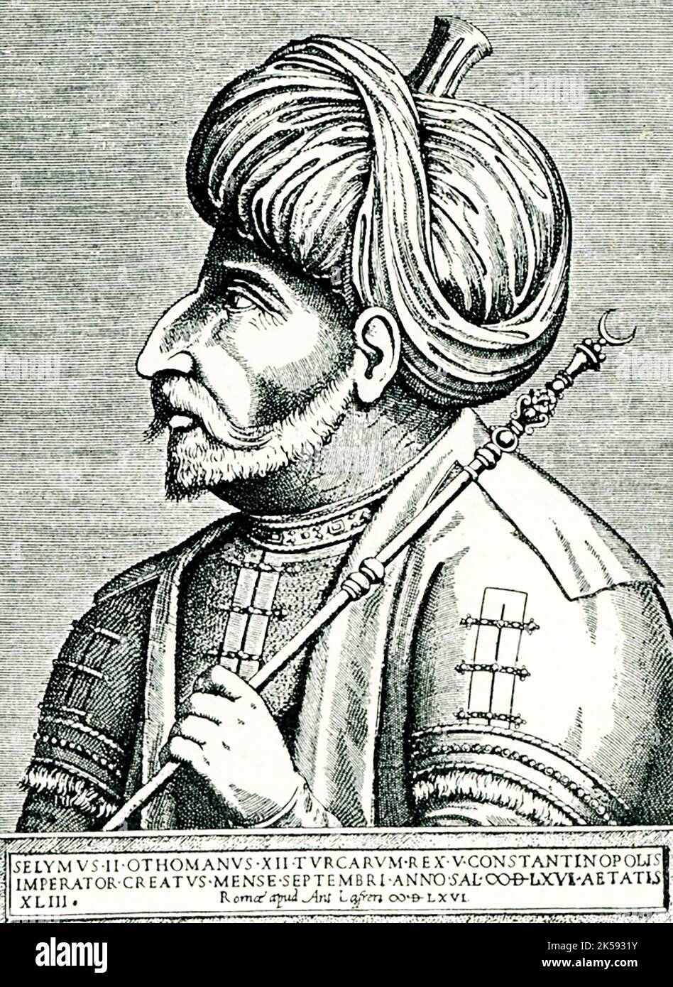 La légende de cette image de 1910 se lit comme suit : “Sultan Selim II image par Antonio Ladreri. Après un original à la Bibliothèque nationale de Paris ». Selim II, sous le nom de Sari (« le Blonde ») (1524—mort en 1574) était sultan ottoman à partir de 1566. Son règne a vu la paix en Europe et en Asie et la montée des Ottomans à la domination de la Méditerranée, mais a marqué le début du déclin de la puissance des sultans. Il n'a pas été en mesure d'imposer son autorité sur les Janissaires et a été infirme par les femmes de son harem. Banque D'Images