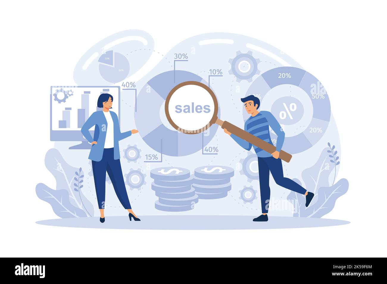 Vente Flash en ligne, indice des ventes, prévision des ventes futures, offre spéciale, promotion de la boutique en ligne, statistiques commerciales, métaphore du résumé des performances Illustration de Vecteur