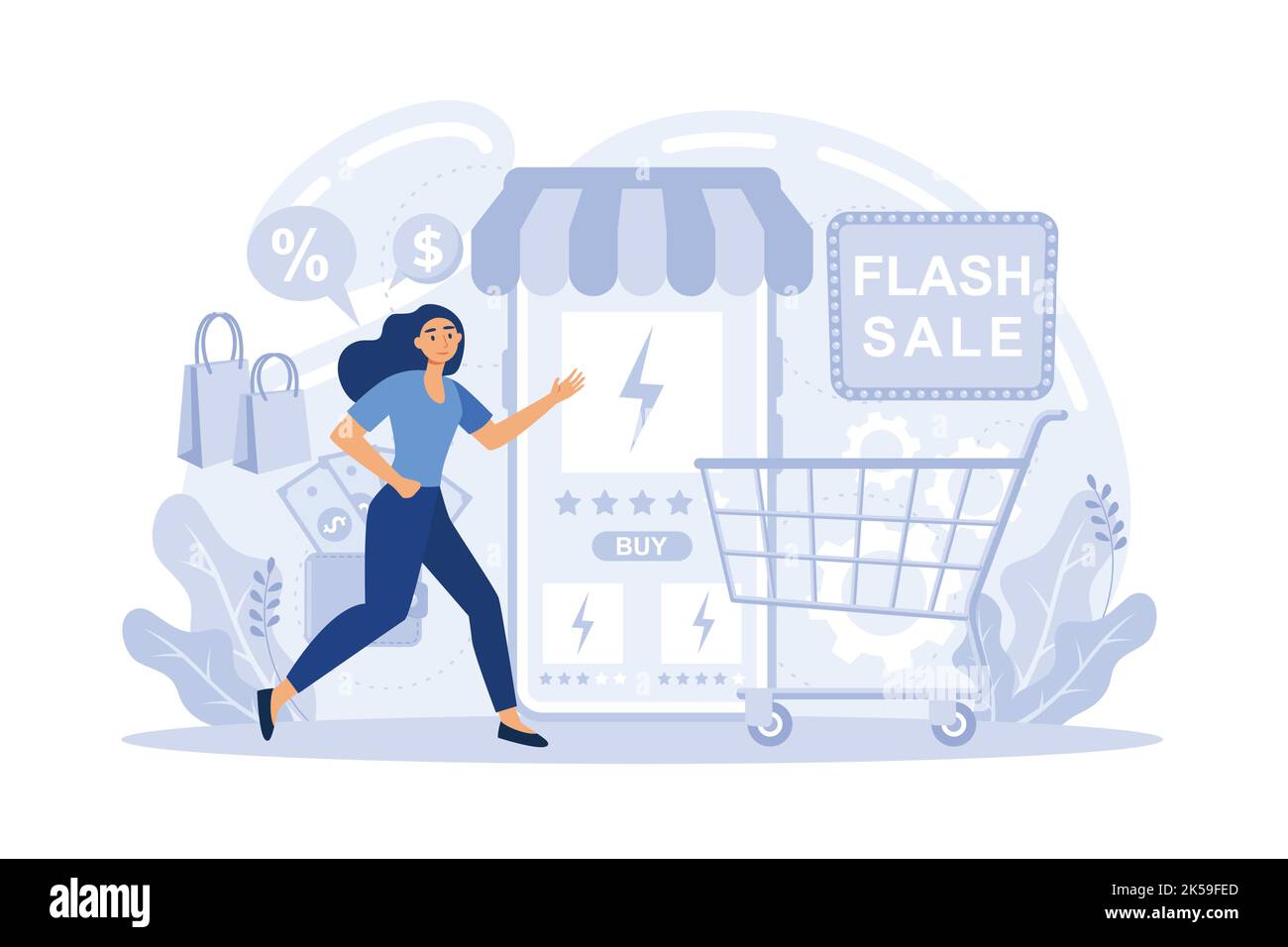 Vente Flash en ligne, indice des ventes, prévision des ventes futures, offre spéciale, promotion de la boutique en ligne, statistiques commerciales, métaphore du résumé des performances Illustration de Vecteur