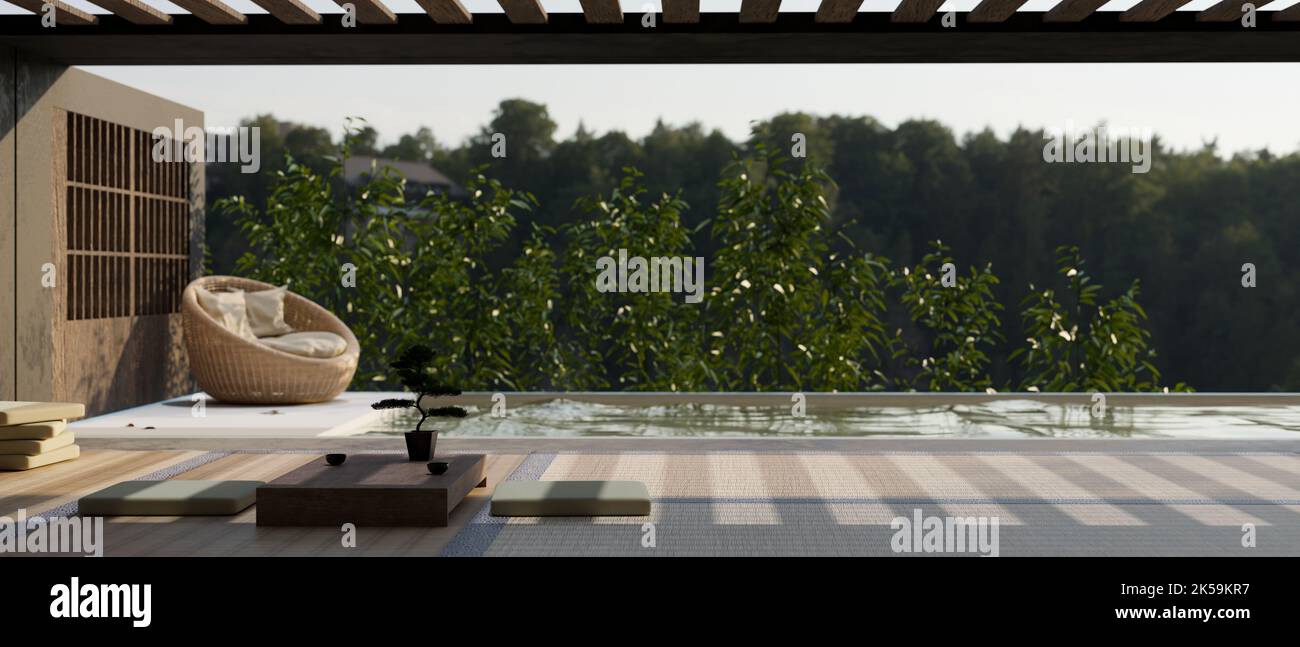 Terrasse moderne contemporaine japonaise zen espace de détente extérieur avec table à café japonaise traditionnelle et coussins de siège sur le sol de tatami, piscine Banque D'Images