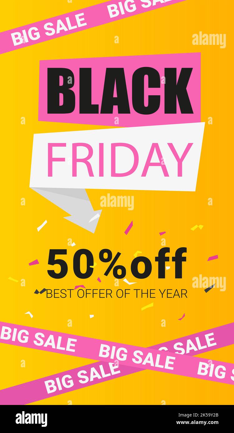 Texte Black Friday Big sale et 50 off bandeau vertical de Web avec un design lumineux dans les couleurs jaune et rose Illustration de Vecteur
