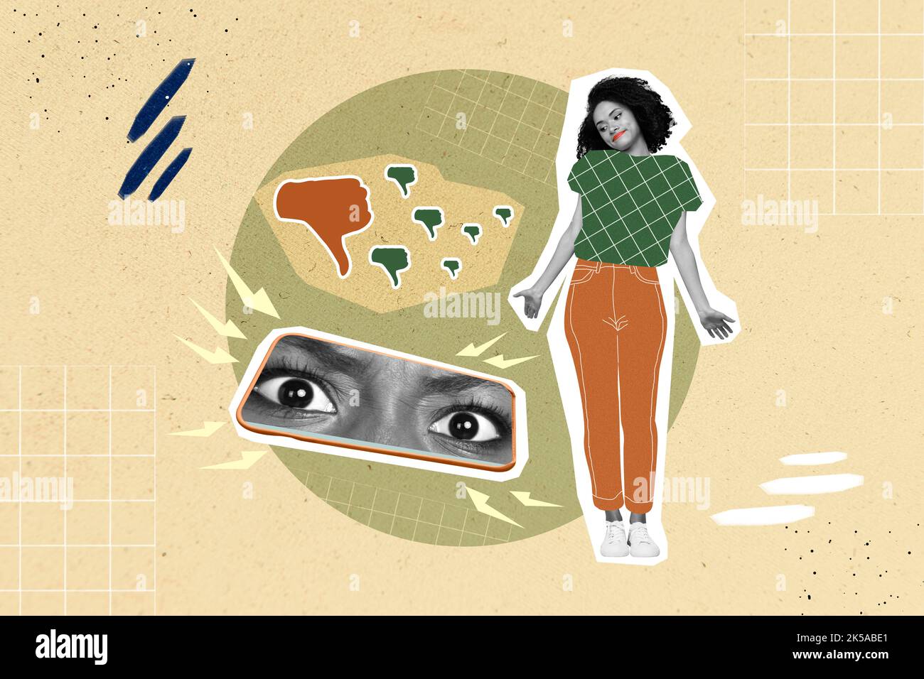 Création d'œuvres d'art collage photo de la femme mécontente contrariée obtenir beaucoup de désaime sur la post-vidéo dans les médias sociaux isolés sur fond beige couleur Banque D'Images