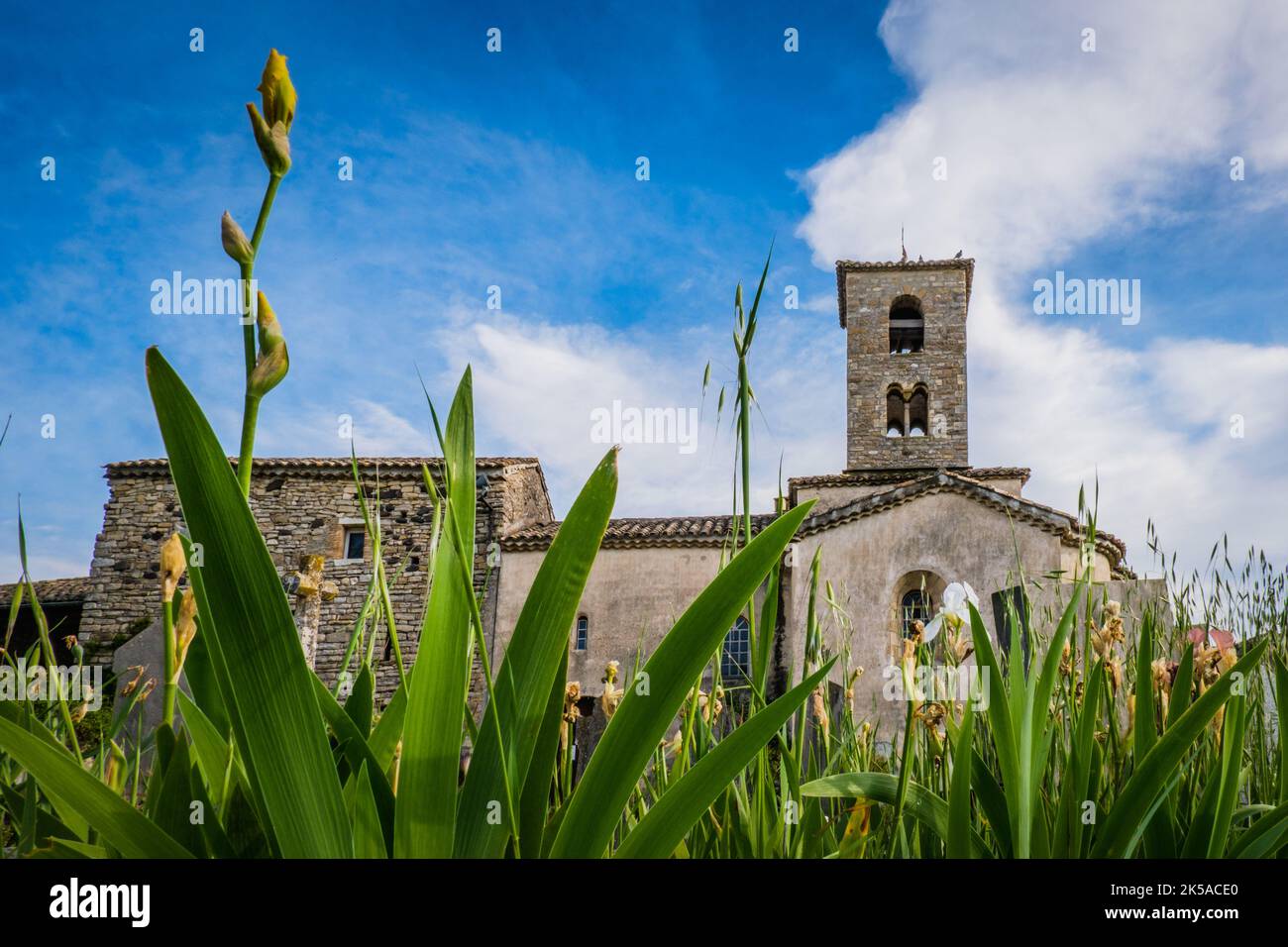 Vue sur l'église romane Saint Pierre de Sauveplantade, la plus petite église de France (en Ardèche), avec iris drapeau jaune en premier plan Banque D'Images