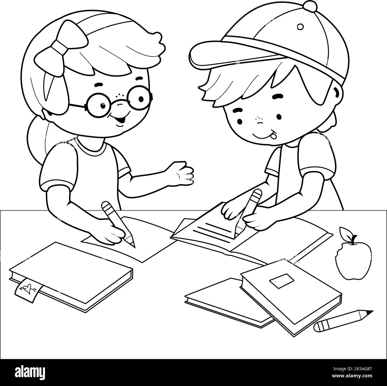 Les enfants font leurs devoirs sur un bureau. Page de couleur noire et blanche vectorielle. Illustration de Vecteur