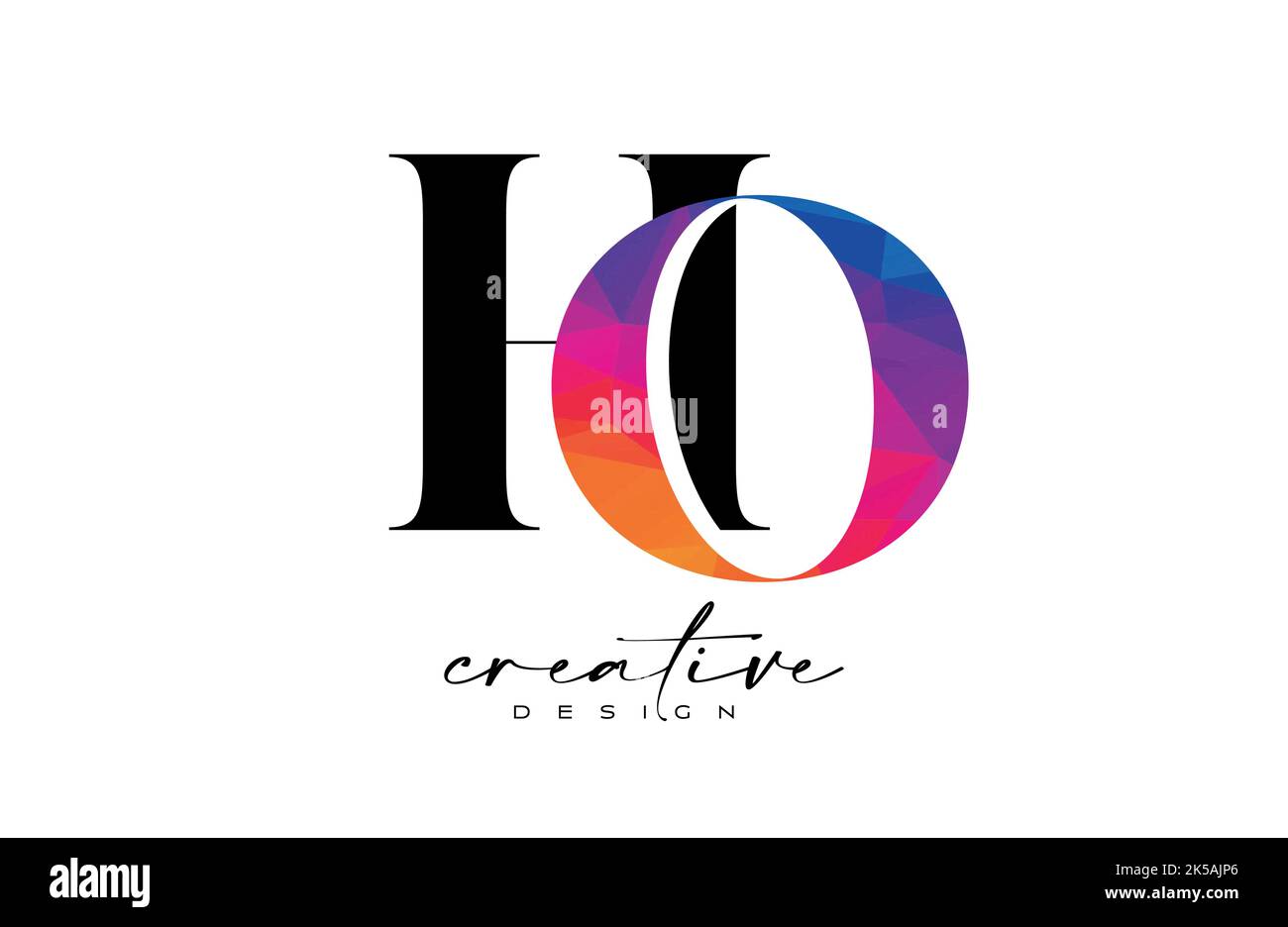 HO Letter Design avec une coupe créative et une texture arc-en-ciel colorée. OH lettre icône logo Vector avec police Serif et style minimaliste. Illustration de Vecteur