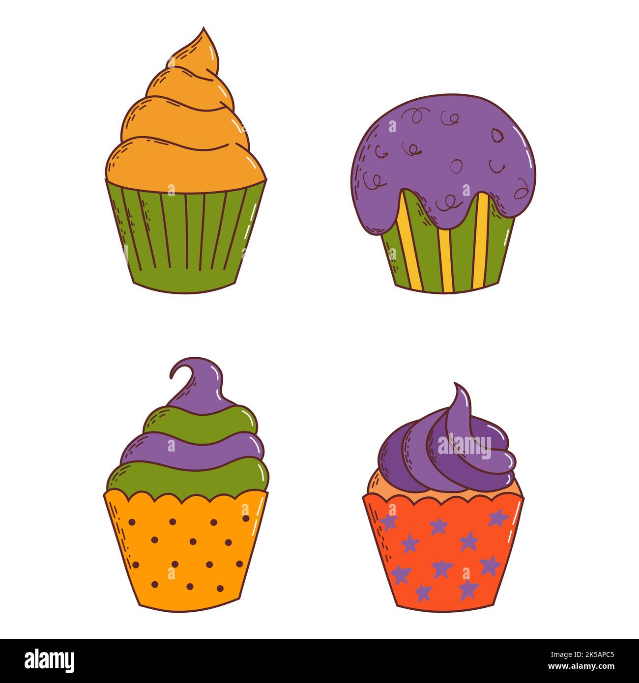 Cupcakes d'halloween mignons. Éléments d'Halloween. Concept Trick or Treat. Illustration vectorielle de style dessiné à la main. Illustration de Vecteur
