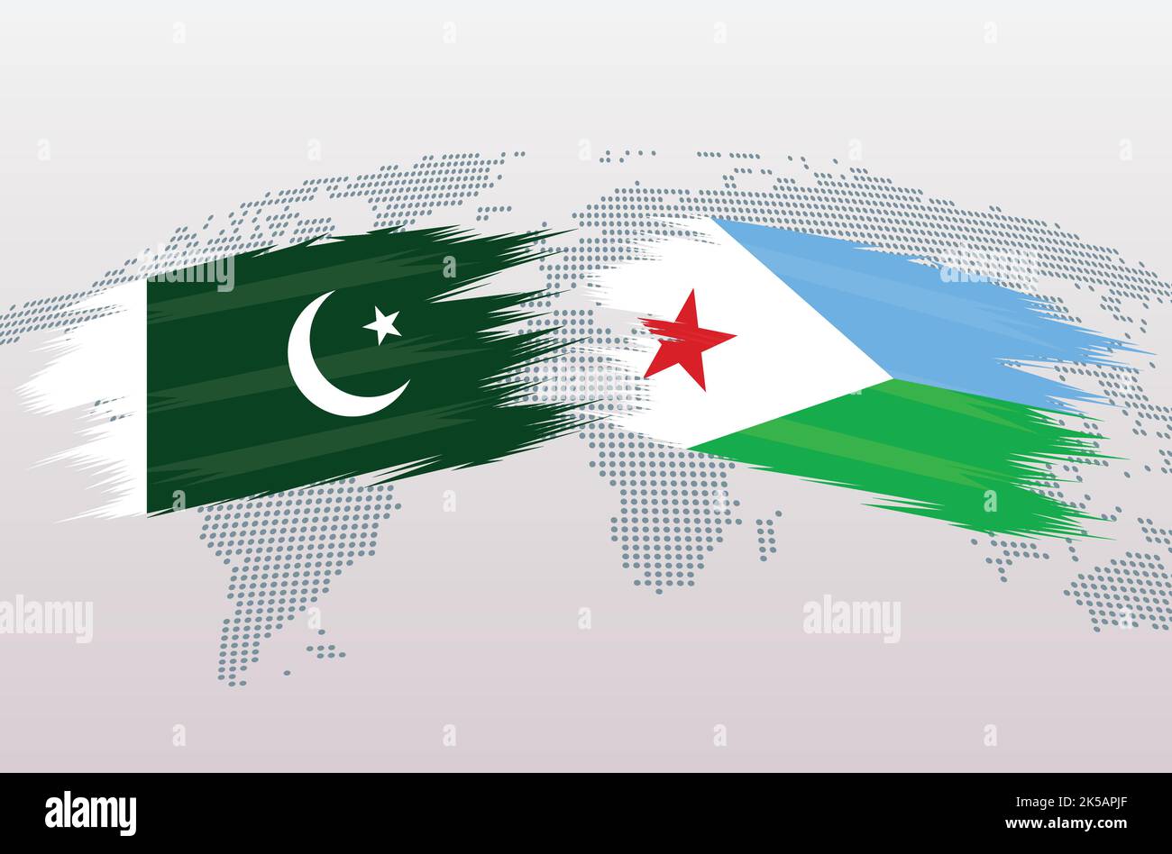 Le Pakistan contre les drapeaux de Djibouti. République islamique du Pakistan contre les drapeaux de Djibouti, isolés sur fond de carte grise du monde. Illustration vectorielle. Illustration de Vecteur