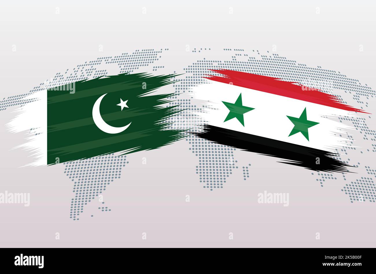Le Pakistan contre la Syrie. La République islamique du Pakistan contre les drapeaux syriens, isolés sur fond de carte grise du monde. Illustration vectorielle. Illustration de Vecteur