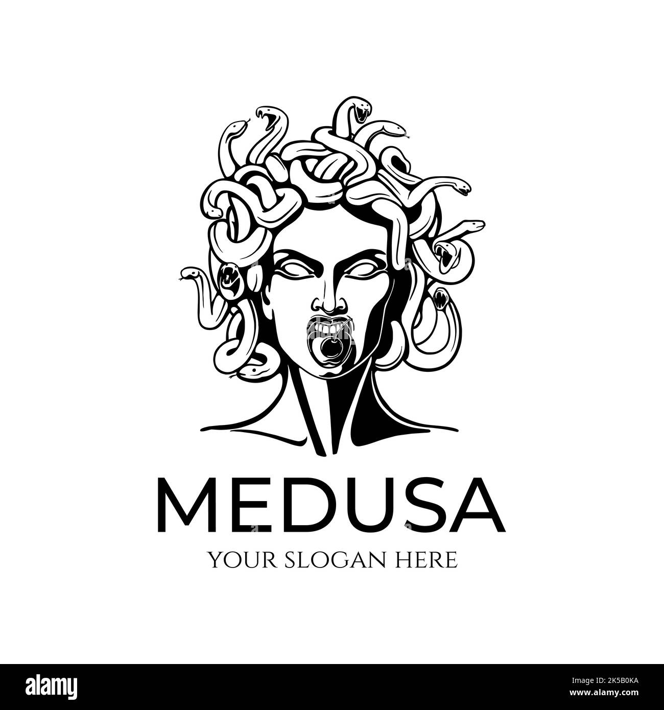 Logo Medusa gorgon. Tête d'une femme avec des serpents. Amulette de protection. Logo pour différentes directions. Illustration de Vecteur Logo Medusa gorgon. Tête d'une femme avec des serpents. Amulette de protection. Logo pour différentes directions. Illustration de Vecteur