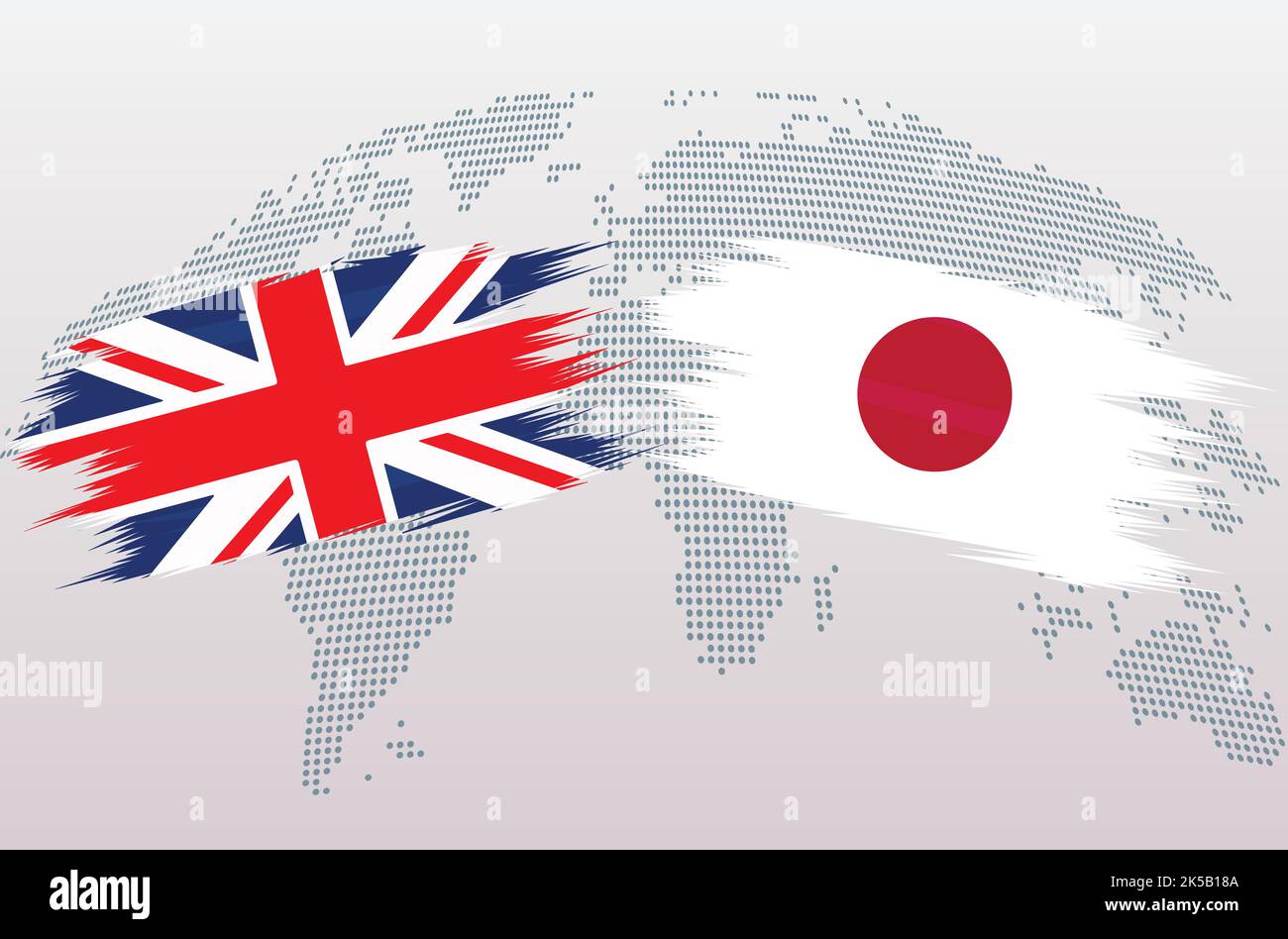 Drapeaux britanniques de Grande-Bretagne et du Japon. Drapeaux du Royaume-Uni contre le Japon, isolés sur fond de carte du monde gris. Illustration vectorielle. Illustration de Vecteur