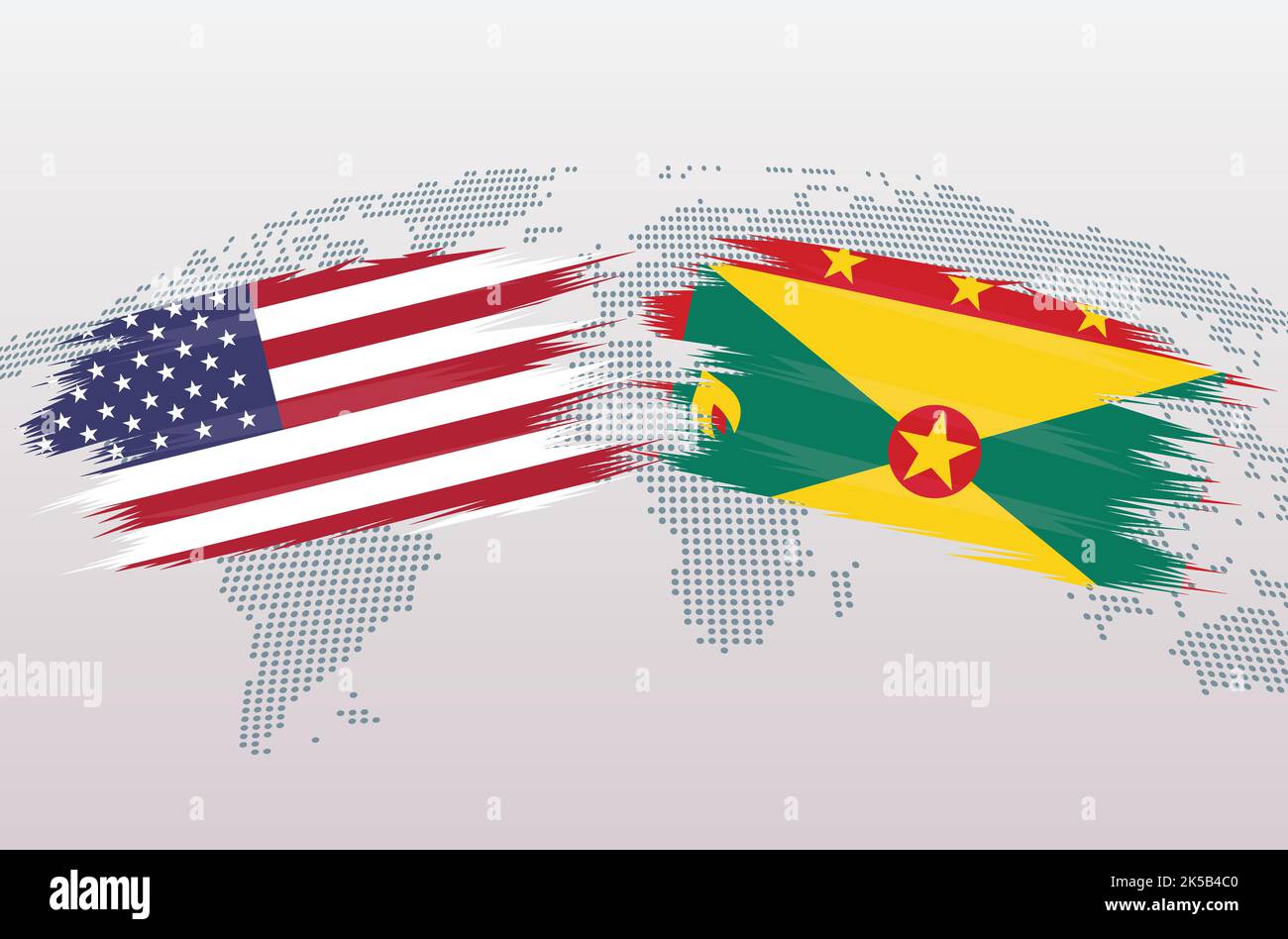 Drapeaux des États-Unis et de la Grenade. Les États-Unis d'Amérique contre les drapeaux de la Grenade, isolés sur fond gris de la carte du monde. Illustration vectorielle. Illustration de Vecteur