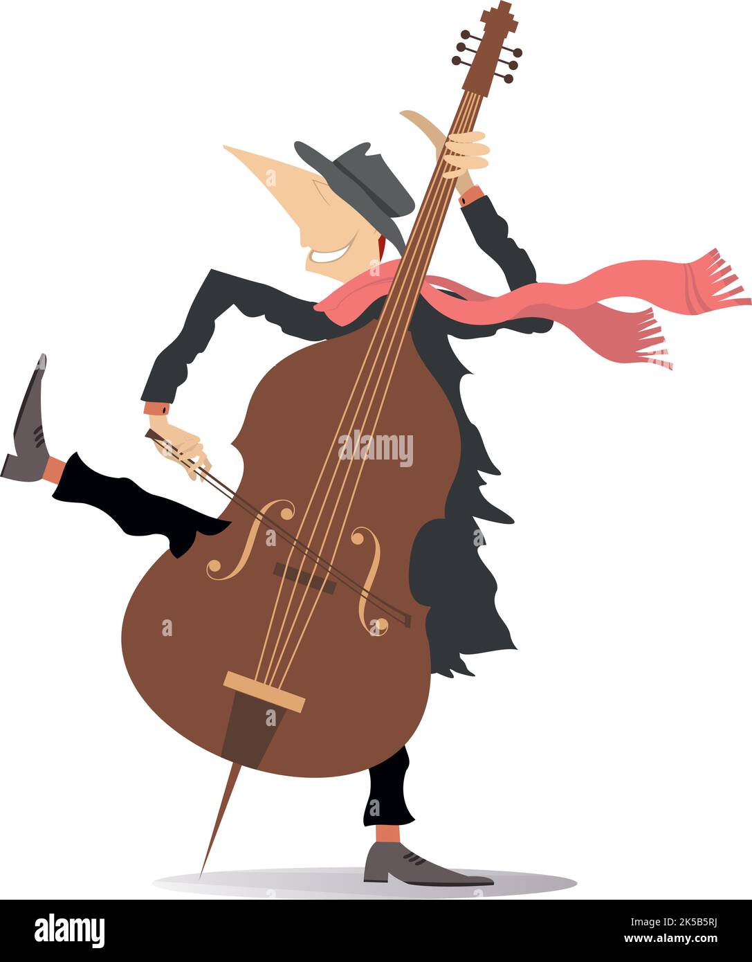 Vent fort. Violoncelle. Un violoncelliste souriant qui joue de la musique avec inspiration. Isolé sur fond blanc Illustration de Vecteur