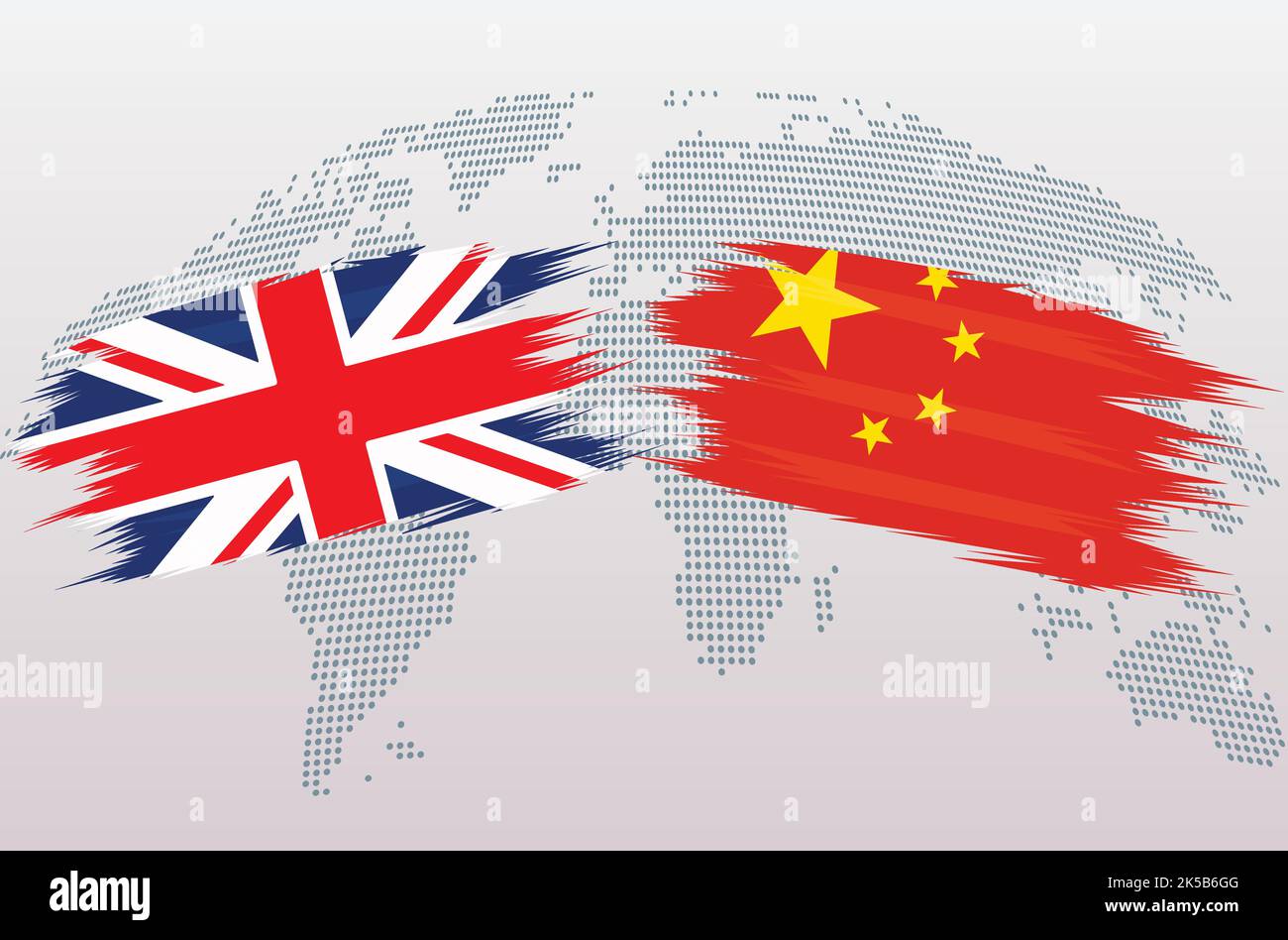 Drapeaux britanniques de la Grande-Bretagne et de la Chine. Les drapeaux du Royaume-Uni contre la Chine, isolés sur fond gris de la carte du monde. Illustration vectorielle. Illustration de Vecteur