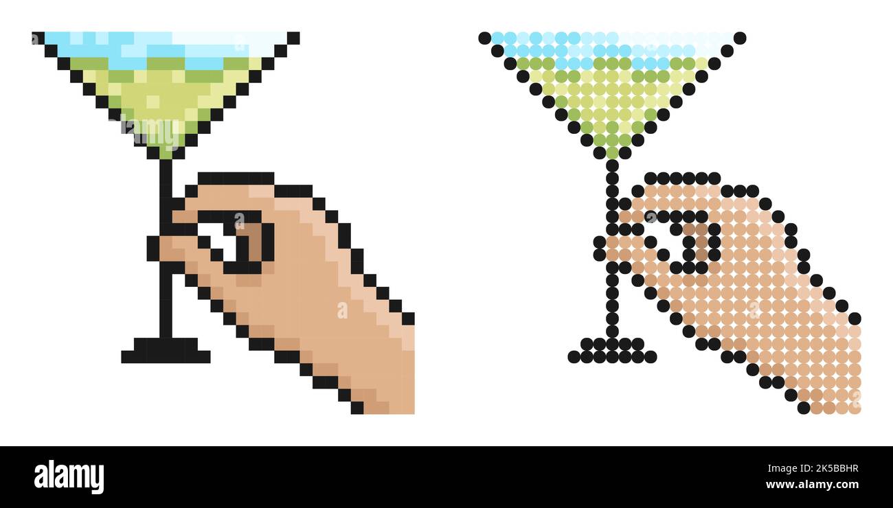 Icône pixel. Femme tenant main verre avec martini. Cocktails, boissons alcoolisées, menu du café. Vecteur de jeu rétro simple isolé sur backgrou blanc Illustration de Vecteur