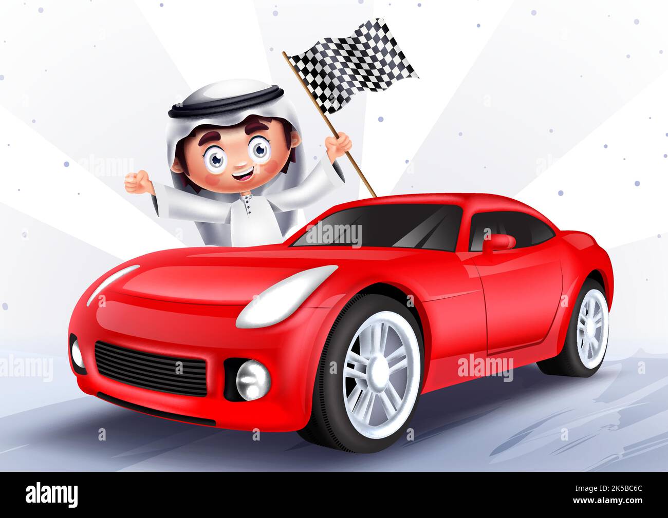 Motif vectoriel de personnages arabo-gamin. Garçon arabe saoudien avec des éléments de voiture de sport rouge applaudisant et tenant le drapeau pour l'histoire de course automobile. Illustration de Vecteur