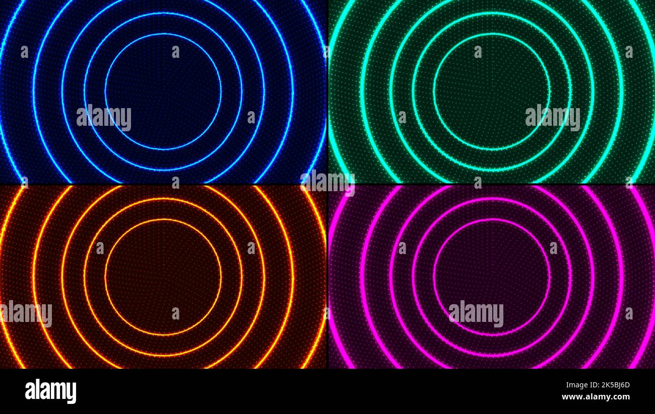 Ensemble de lignes de mouvement radiales abstraites cercles bleu, vert, rose, rouge couleurs néon luminescent effet d'éclairage lumineux rayons d'énergie lumineux avec particules de points Illustration de Vecteur