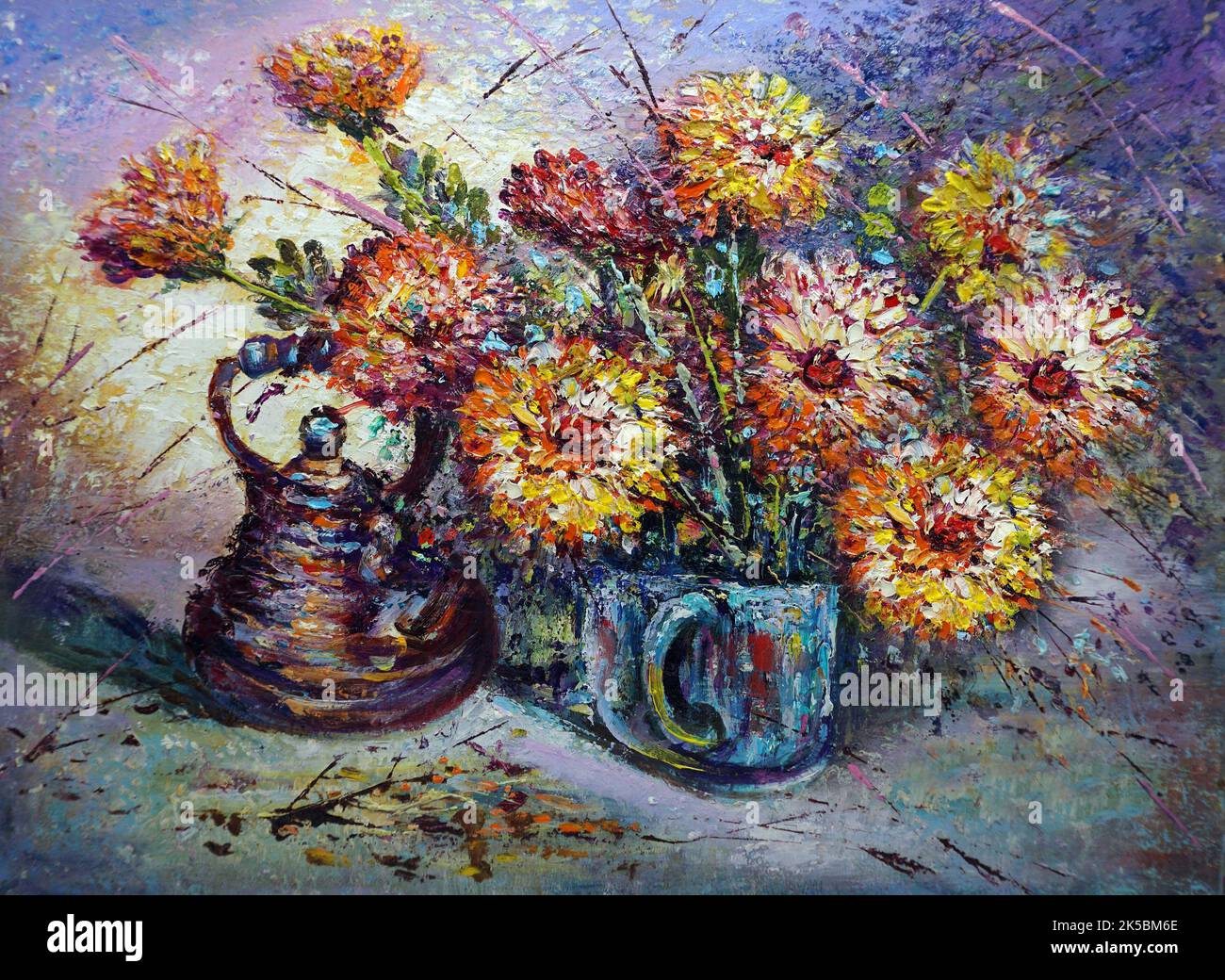 Art peinture huile couleur fleur dans vase Banque D'Images