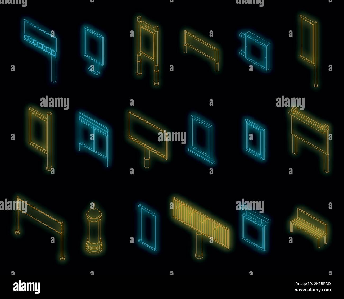 Jeux d'icônes publicitaires pour l'extérieur. Ensemble isométrique de publicité extérieure vecteur icônes néon sur noir Illustration de Vecteur