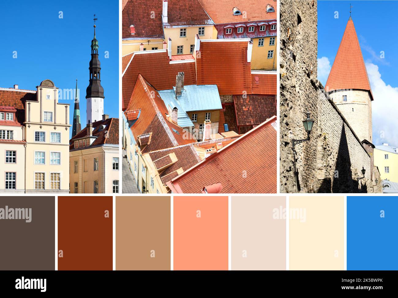 Palette de couleurs assorties d'images de la vieille ville de Tallinn en Estonie. Hôtel de ville, tours murales, façades historiques et toits de bâtiments anciens. Banque D'Images
