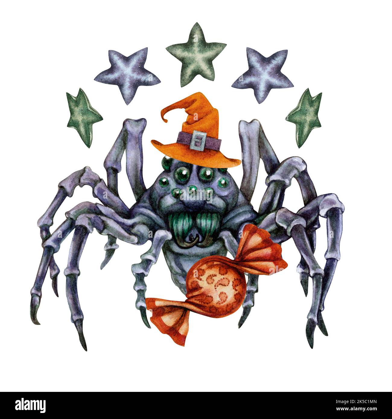 Araignées aquarelles dessinées à la main pour Halloween pour menus, autocollants, cartes de vœux, invitations, bannières, décors, mascarade, décorations de fête Banque D'Images