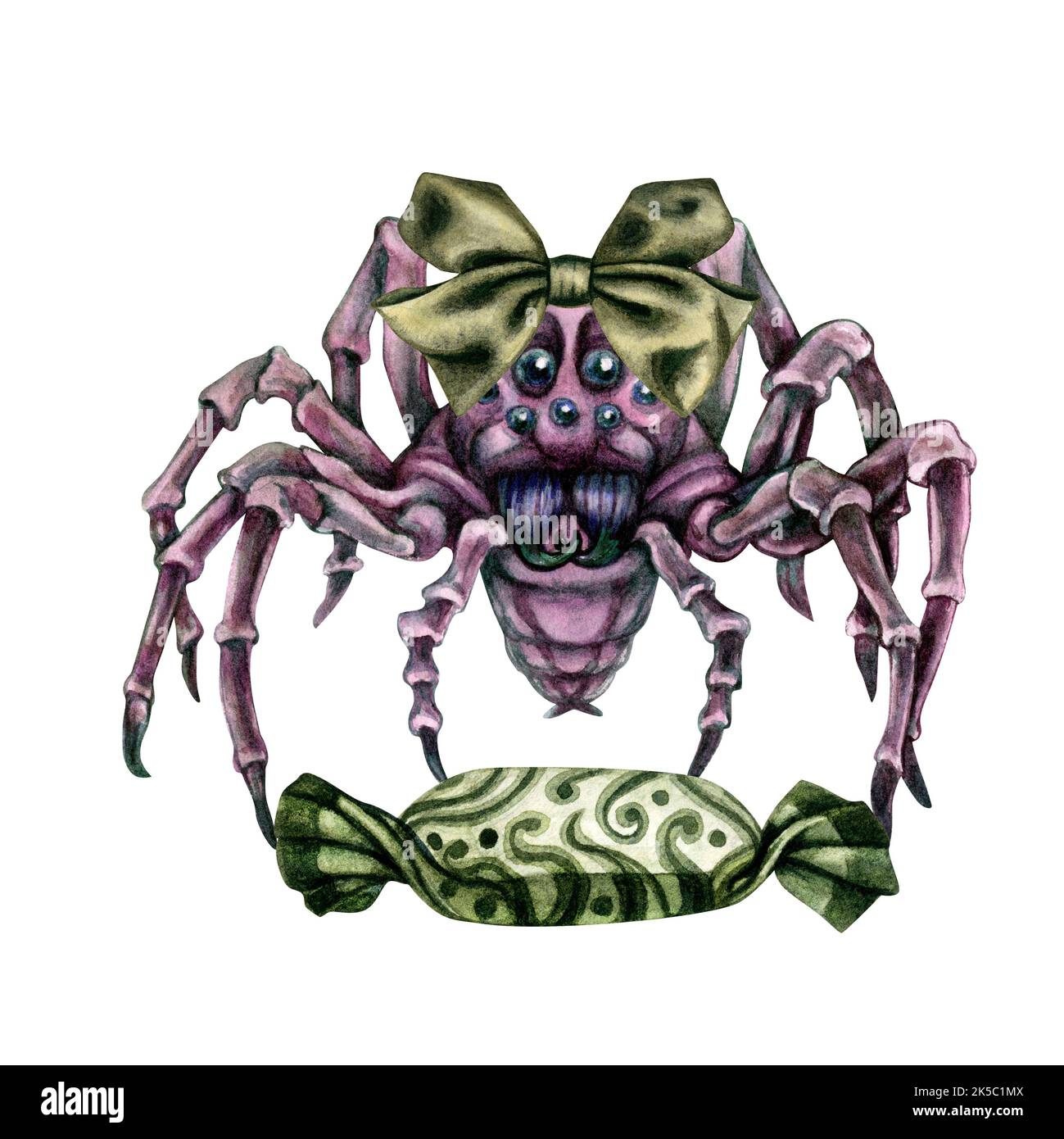 Araignées aquarelles dessinées à la main pour Halloween pour menus, autocollants, cartes de vœux, invitations, bannières, décors, mascarade, décorations de fête Banque D'Images