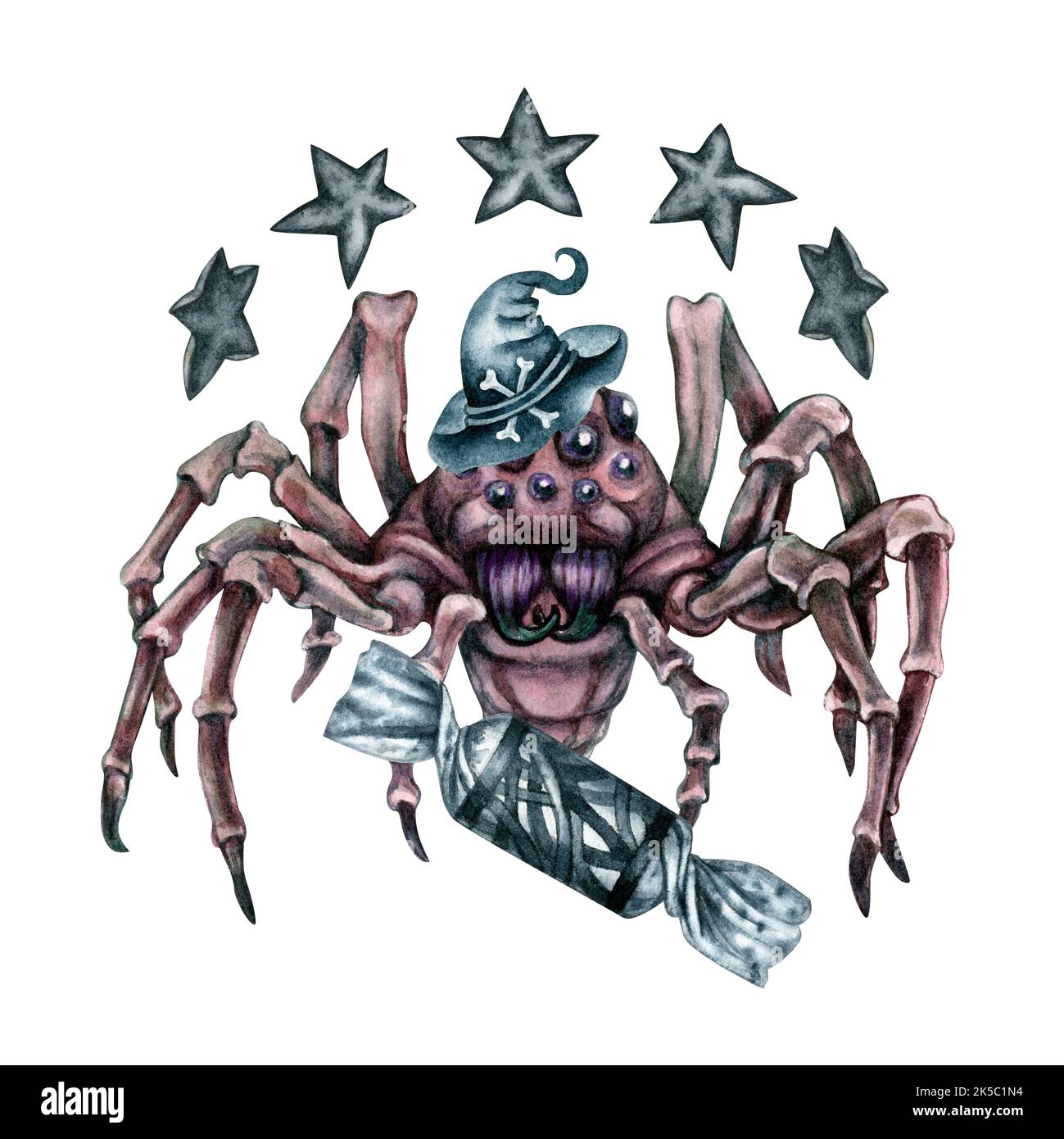 Araignées aquarelles dessinées à la main pour Halloween pour menus, autocollants, cartes de vœux, invitations, bannières, décors, mascarade, décorations de fête Banque D'Images