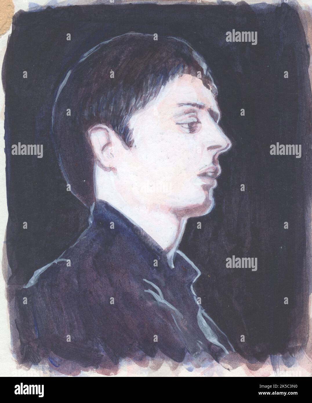 Illustration artistique du musicien anglais Ian Curtis (Ian Kevin Curtis). Il était le chanteur et parolier principal du groupe post-punk Joy Division Banque D'Images