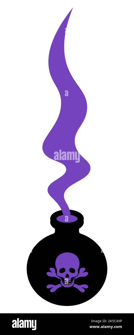 Bouteille de poison. Silhouette. Des vapeurs de violet magique sortent de la bulle. L'emblème sur la bouteille est le crâne et les os. Illustration vectorielle. Illustration de Vecteur