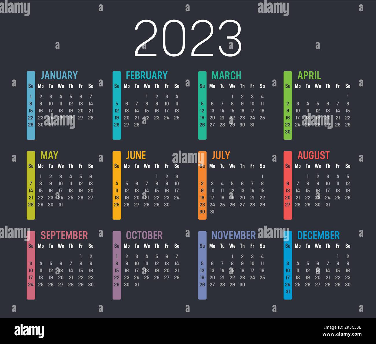 Calendrier coloré de l'année 2023, isolé sur un fond sombre. Modèle vectoriel. Illustration de Vecteur