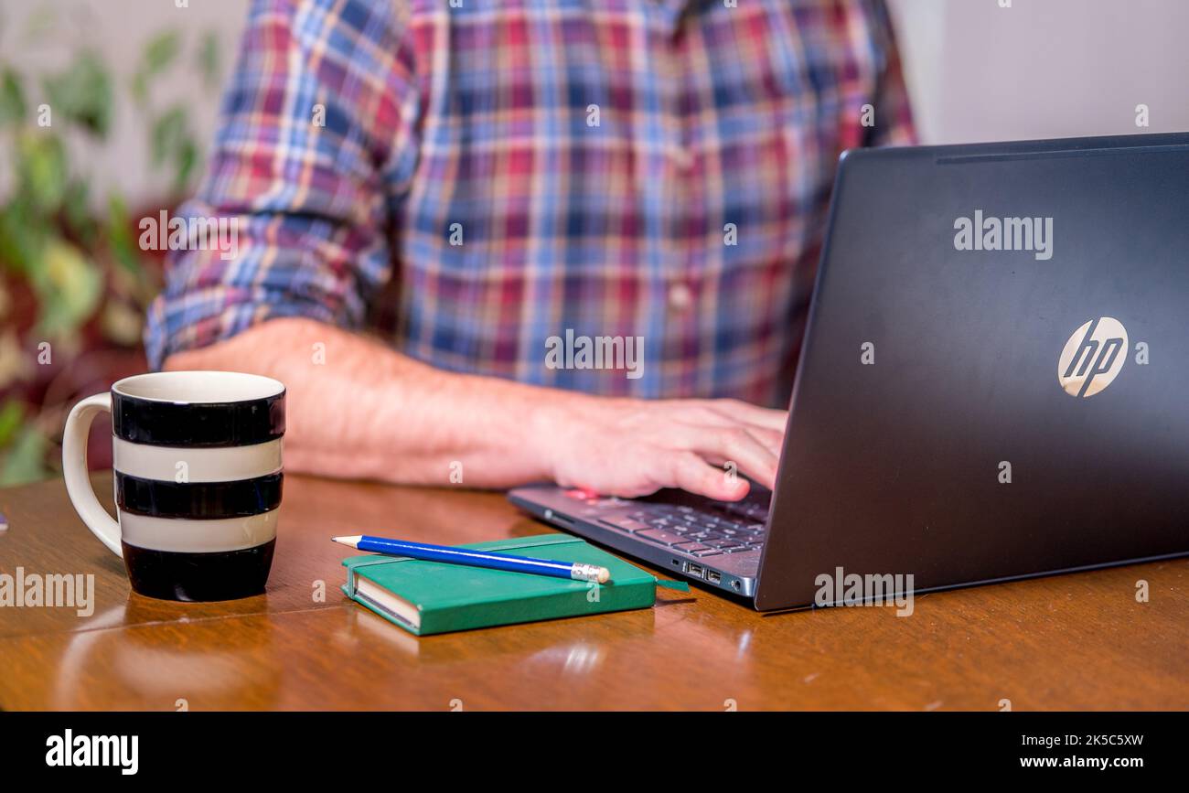 Homme assis à un bureau tapant sur un ordinateur portable Banque D'Images