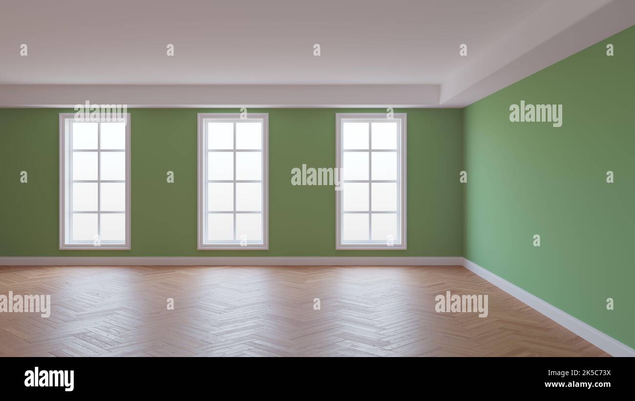 Intérieur Mockup avec murs verts, plafond blanc et Conrnice, trois grandes fenêtres, parquet à chevrons et un pied blanc. Magnifique concept de la salle, illustration 3D. Ultra HD 8K, 7680 x 4320 Banque D'Images