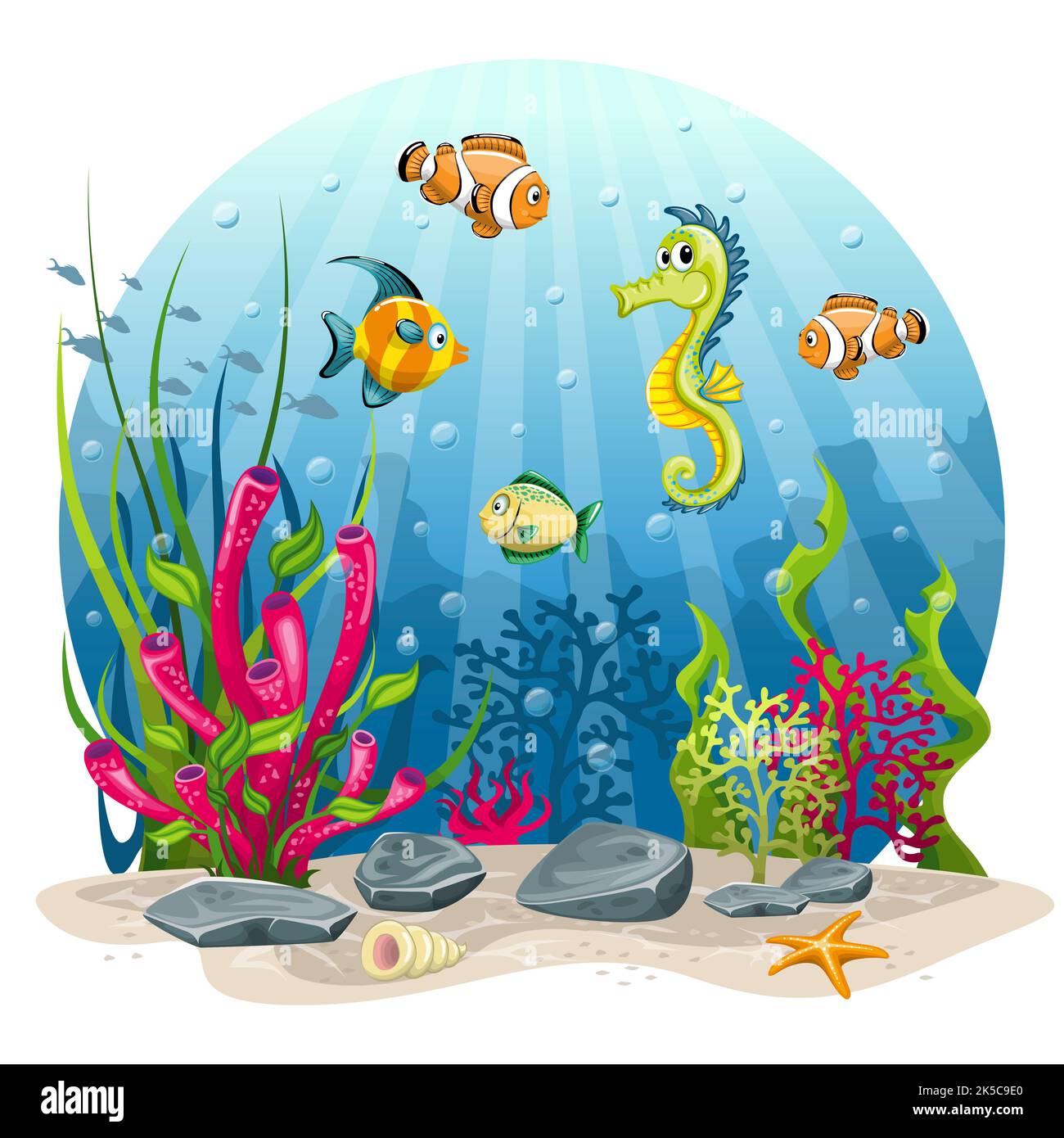 Hippocampe et poissons dans la mer Banque D'Images