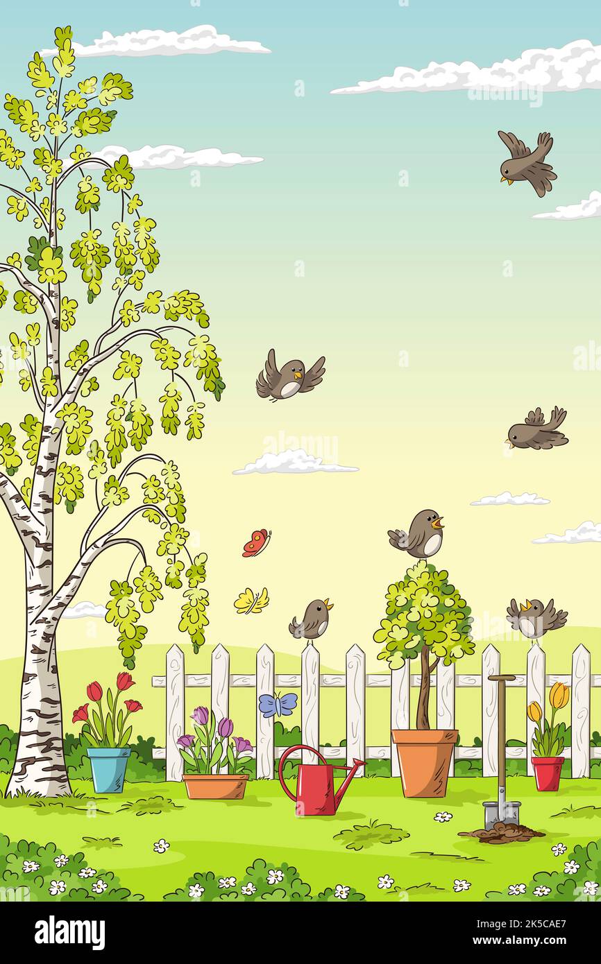 Paysage de printemps avec les oiseaux, les fleurs, les arbres et les outils de jardinage. Banque D'Images