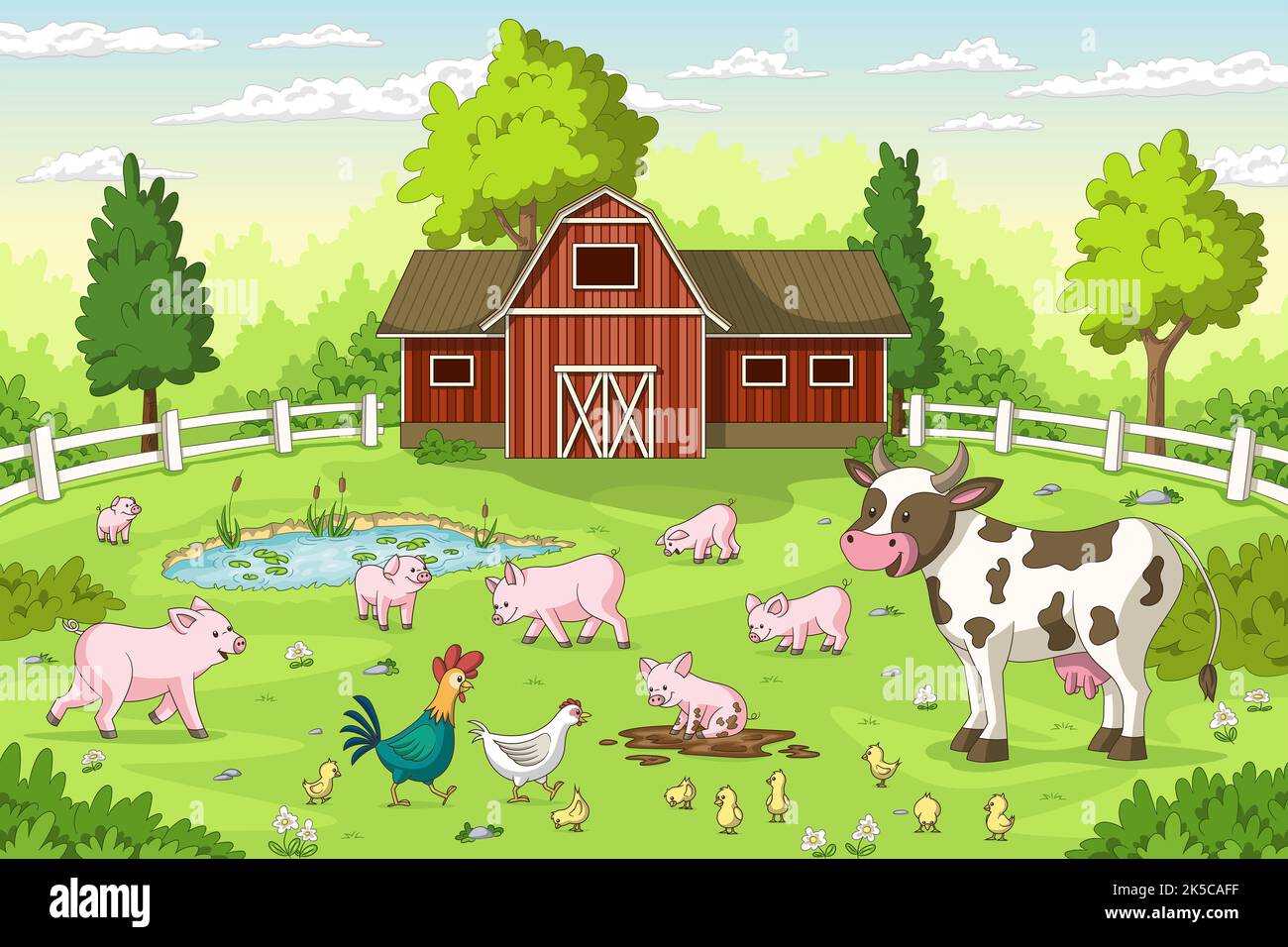 Animaux de dessin animé sur une ferme. Paysage d'été avec red house et clôture. Banque D'Images