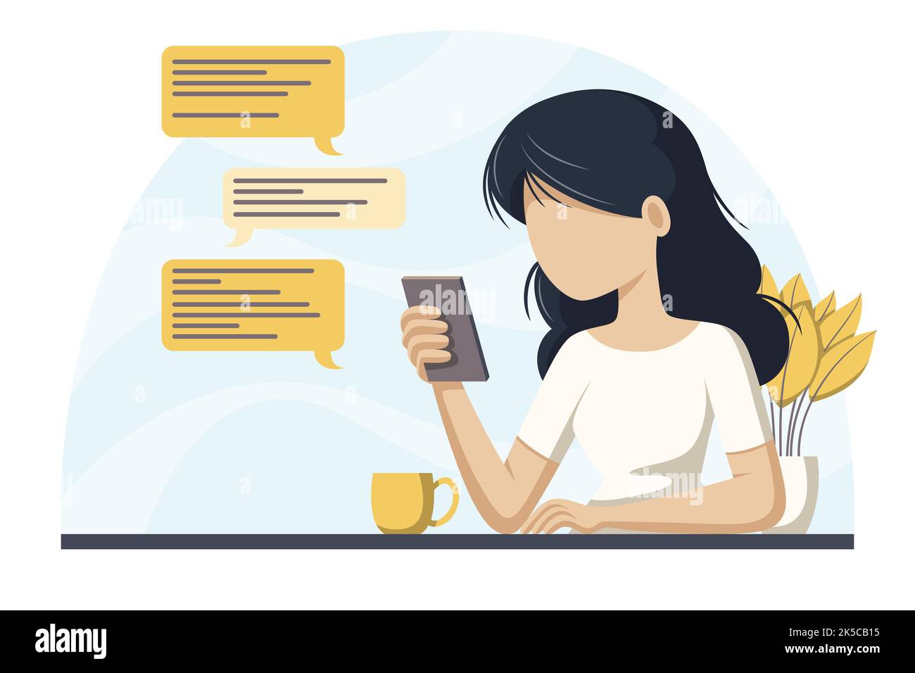 Femme lit des messages sur son mobile. Concept moderne de style plat. Pour l'espace de travail, le Web, l'arrière-plan et les modèles. Banque D'Images