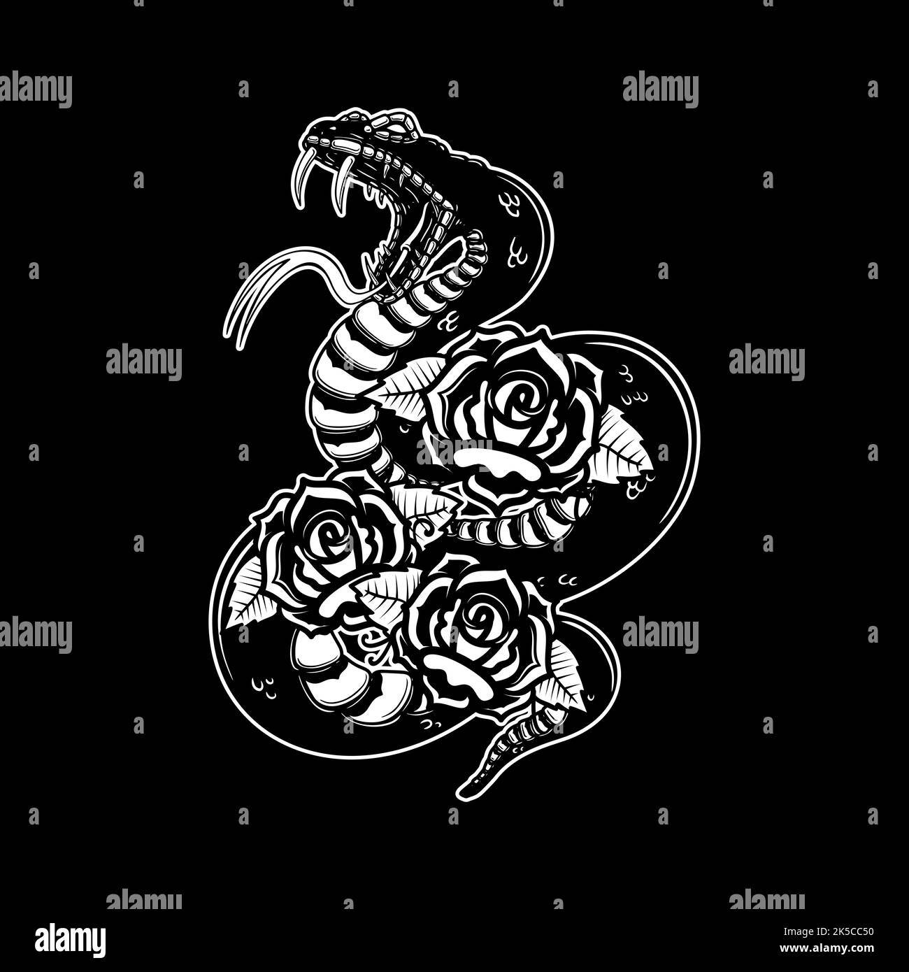 Serpent sur le fond avec des roses. Élément design pour affiche, t-shirt, carte, bannière. Illustration vectorielle Illustration de Vecteur