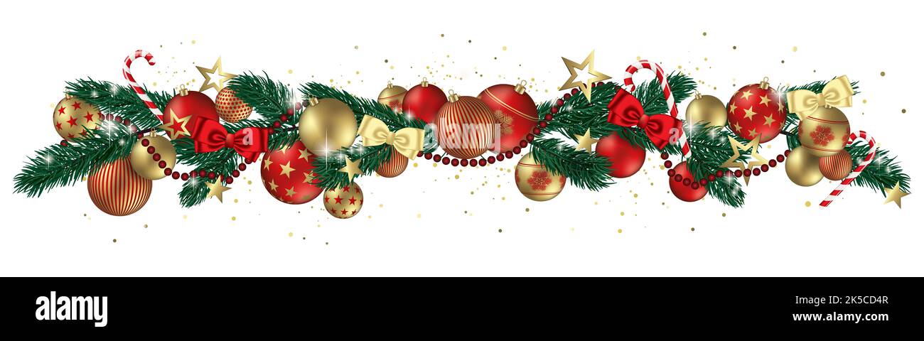 Boules de Noël étoiles et noeuds isolés sur fond blanc - design thème de bannière Banque D'Images