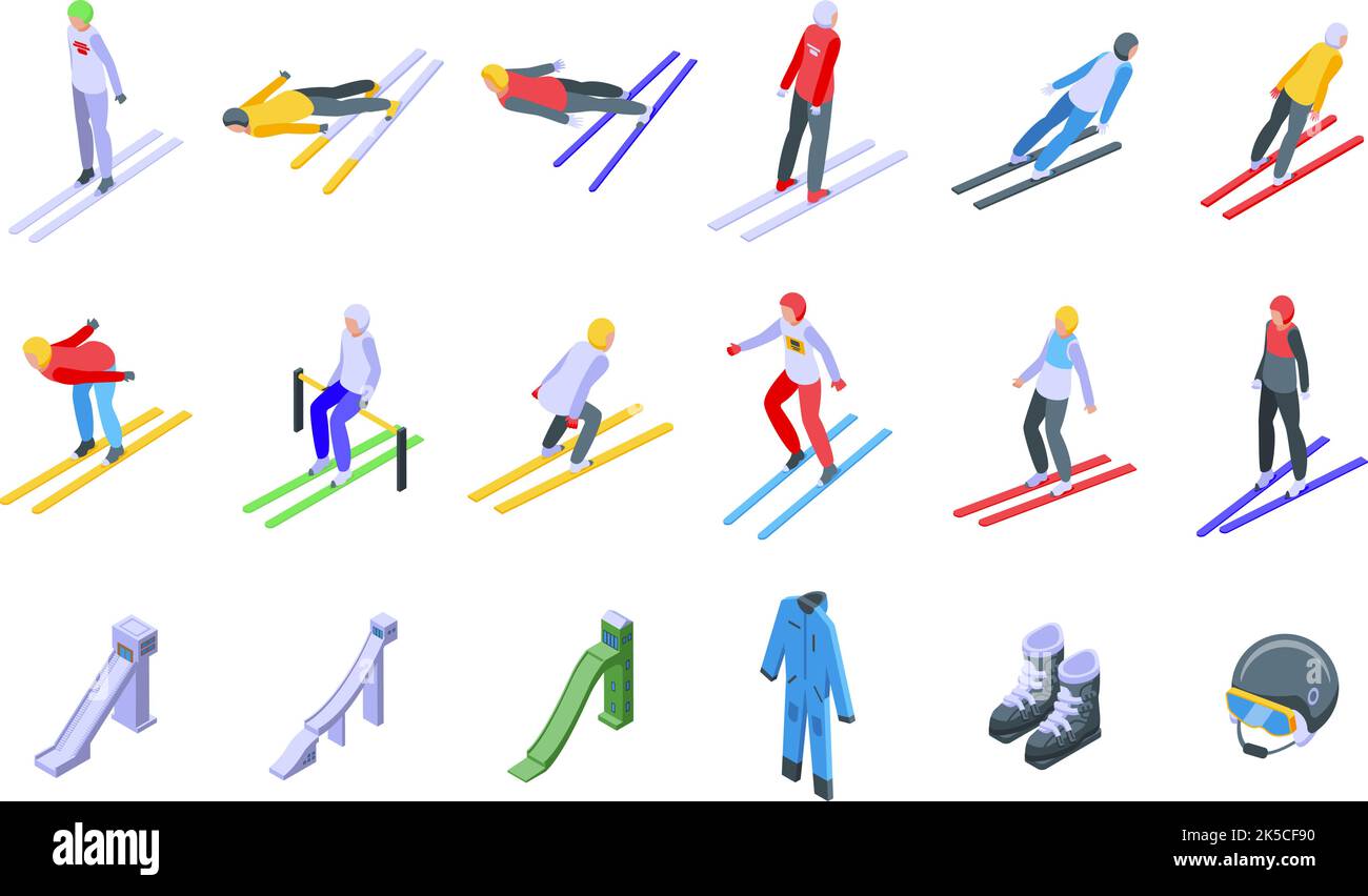 Les icônes de saut à ski définissent un vecteur isométrique. Saut d'action. Saut nordique Illustration de Vecteur