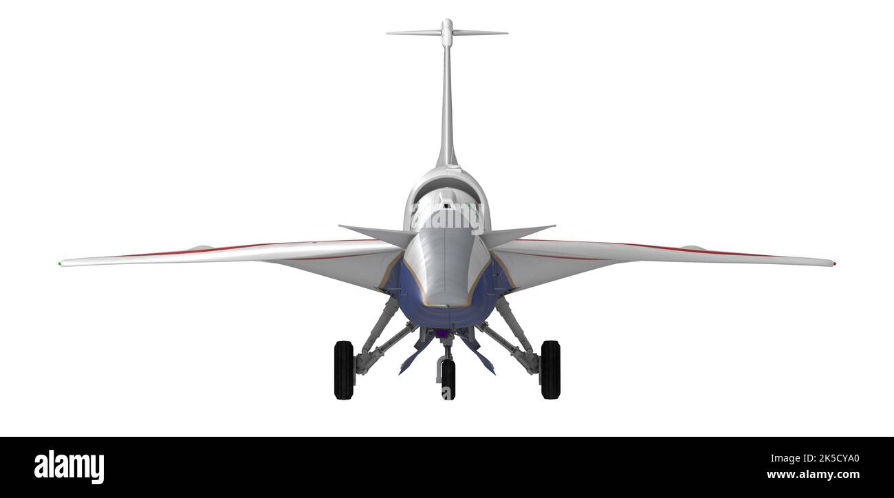 Un rendu artistique du X-59 de la NASA montre une vue frontale soulignant son nez profilé et sa forme aérodynamique à flèche basse. Banque D'Images
