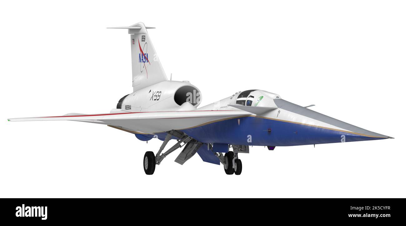 Concept d'artiste de trois quarts de vue de l'avion expérimental X-59 montrant plusieurs angles. Banque D'Images