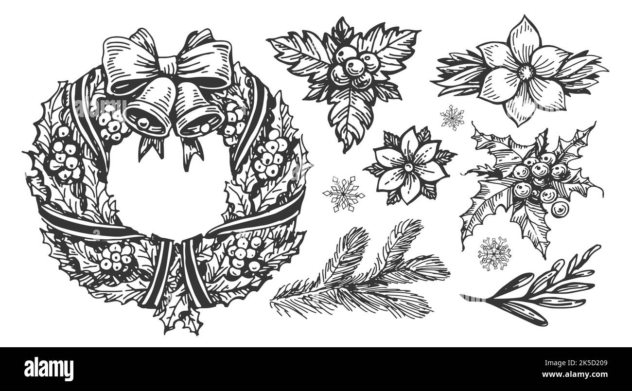 Couronne de Noël avec cloches. Ensemble de décorations florales de vacances rétro dessinées à la main. Illustration vectorielle d'esquisse vintage Illustration de Vecteur