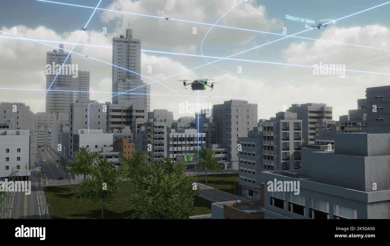 Plusieurs projets appuyant la mission Advanced Air Mobility ou AAM de la NASA travaillent sur différents éléments pour faire de l'AAM une réalité et l'un de ces domaines de recherche est l'automatisation. Ce graphique de concept montre comment des éléments de l'automatisation pourraient être intégrés dans un futur espace aérien. Une telle technologie pourrait permettre aux véhicules de fonctionner sans pilote ou, si un pilote est en boucle, d'accroître la sécurité. Banque D'Images