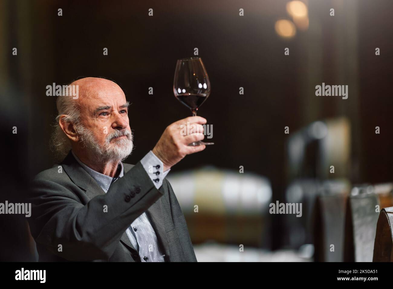 Homme de barbe grayeuse de race blanche qui apprécie la visite de la cave à vin, qui regarde autour des fûts en bois et qui goûtent du vin rouge, montrant le plaisir et la satisfaction Banque D'Images